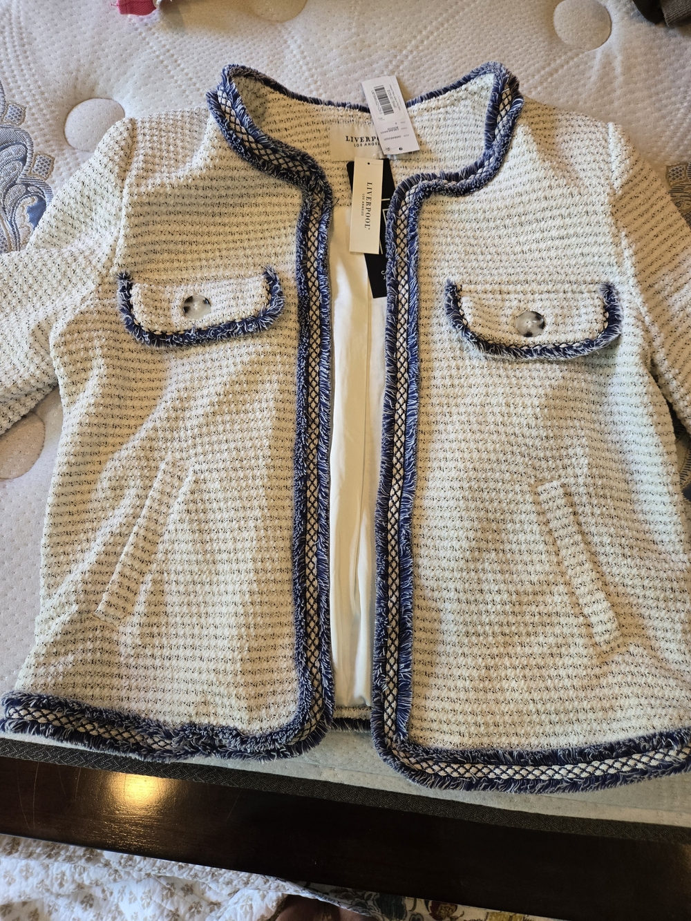 Liverpool Cream & Navy Trim Tweed Jacket Size Small